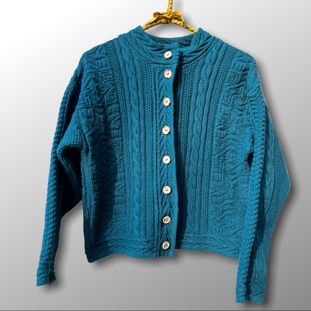 VINTAGE WOMENS CABLE KNIT LL BEAN BLUE CARDIGAN Small